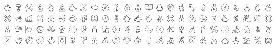 Finance Line Icon Bundle. Modern Collection for Design, Web Sites, Apps, Cards. Contains Linear Images of Piggy Bank, Percent, Coin, Tree Money vector
