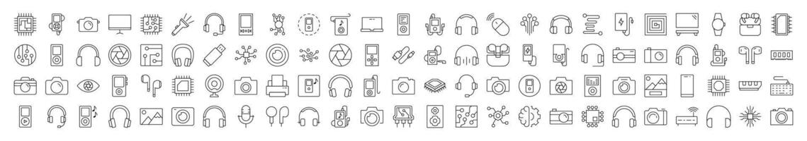 Sound Line Icon Pack. Modern Collection for Design, Web Sites, Apps, Cards. Contains Linear Images of Chip, Headphones, Camera, Memory Card vector