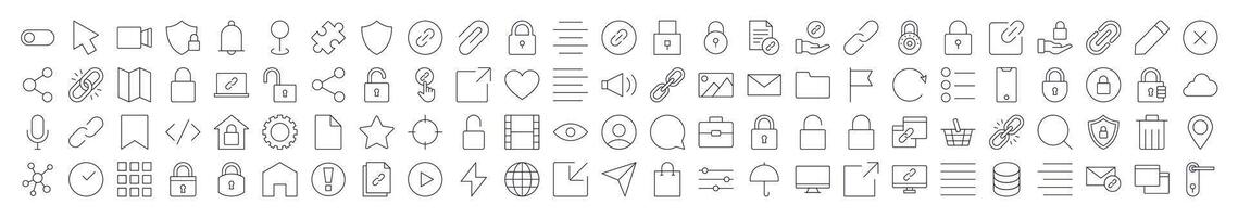 Interface Line Icon Collection. Modern Collection for Design, Web Sites, Apps, Cards. Contains Linear Images of Share, Coding, Like, Bookmark, Menu vector