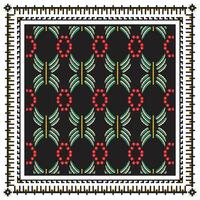 Square scarf print pattern fabric with green leaves and red berries on a black background, framed by a geometric border. vector