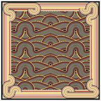 Abstract wavy square scarf pattern with a multicolored, optical illusion design surrounded by a striped border. vector