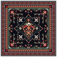 Ornate floral scarf print pattern on a black background with symmetrical design and intricate red border vector