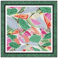 Colorful square scarf with line border abstract tropical foliage pattern with a geometric border. vector