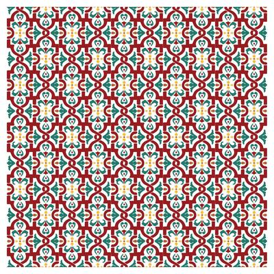 square repeat Intricate red, green, and white tile pattern with floral and geometric shapes.