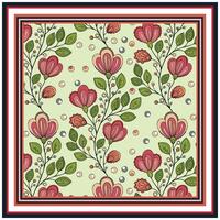 Square print scarf pattern of red flowers and green leaves with a dotted background, enclosed in a striped border. vector