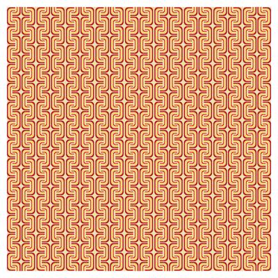 Repetitive geometric pattern with interlocking red and yellow shapes on a cream background.