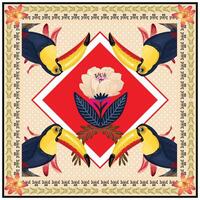 Colorful symmetrical square scarf print pattern with toucans and a central flower on a red diamond background, framed by a floral border. vector