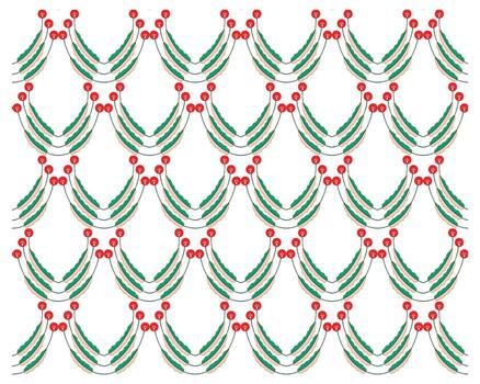 Pattern of green, white, and red arcs with red dots forming a beaded curtain-like design on a white background. vector