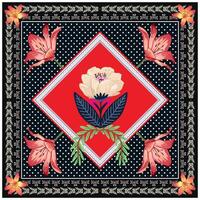 Colorful square scarf with a floral pattern and polka dots on a dark background with a red diamond center. vector