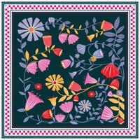 Square floral scarf print pattern with colorful flowers and leaves on a dark green background. vector
