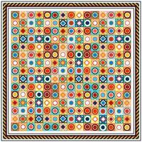 A decorative square scarf print pattern composed of various colorful squares and circles, creating a visually appealing arrangement. vector