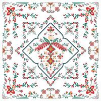 Traditional floral pattern with symmetrical design in red and green on a white background. vector