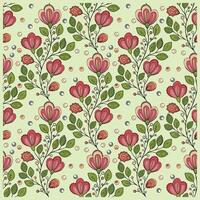 Illustration of a repeat floral pattern with stylized red flowers and green leaves on a light background. vector