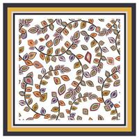 Abstract square scarf colorful leaf like pattern forming spirals on a white background with a black and gold frame. vector