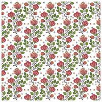 Repeat pattern of stylized red flowers with green leaves on a white background with gray dots. vector