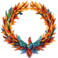Colorful Bird in a Wreath Shape with Leaves and Feathers png