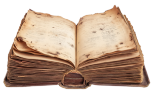 Ancient weathered book with torn pages on a blank background png
