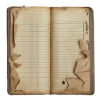 Vintage open ledger with tattered pages and aged texture png