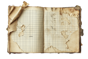 Antique weathered notebook with torn pages and vintage grid pattern png