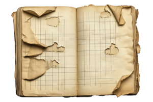 Aged ledger with torn pages and vintage grid pattern png