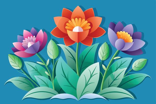 Vibrant Paper Flowers Artistic Floral Illustration, Colorful Blooms.