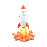 Rocket launch with orange smoke and flames creating a dynamic display in a bright environment png
