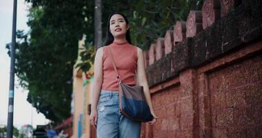 Handheld low angle view shot, Young woman stands leisurely next to a brick wall on a city street, smiling and admiring the scenery around her. video
