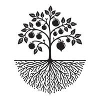 Tomato Tree with Roots Silhouette Illustration for Farming vector