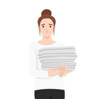 Worried woman holding a large stack of papers Overwhelmed with Workload. vector