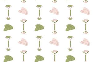 Seamless pattern with gua sha and face roller. Skincare seamless pattern. Flat illustration. vector