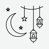 Decorative Lanterns, Crescent Moon, and Stars Hanging on Strings Symbolizing Ramadan vector