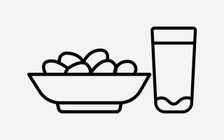 A minimalist line art of a bowl of dates and a glass of water, symbolizing the traditional iftar meal during Ramadan. Ramadan Mubarak. vector