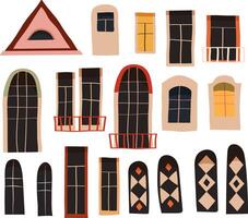 Set of Painted Windows, Retro and Vintage Balconies and Windows, Christmas windows houses, colored vintage windows vector