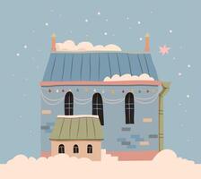 Blue New Year's house against the background of sky and snow vector