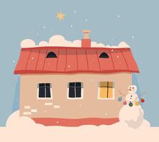 Christmas house with snowman on the background of sky and snow vector