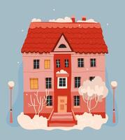 A whimsical illustration of a charming home blanketed in snow, surrounded by trees and street lamps vector