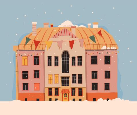 A large house or hotel against the backdrop of a winter landscape and snow, the house is decorated with a Christmas garland, winter illustration