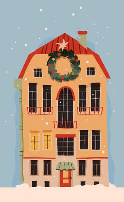 Winter house against the background of snow, New Year's house decorated with wreath