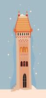 A whimsical and charming depiction of a winter tower featuring a snowcovered rooftop, ideal for seasonal themes vector