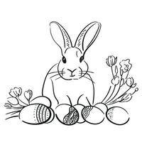 Easter bunny and eggs, line drawing. Easter illustration with a bunny. sketch of rabbit in black line isolated from the background vector
