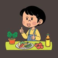 little boy eating vegetables vector