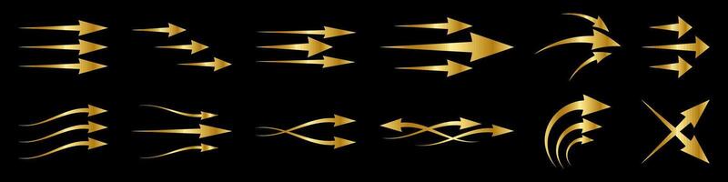 Set of different golden arrows showing air flow. Arrow mark icons set. Arrow sign for business and decoration vector