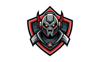 a robot head with red eyes and horns on a shield vector