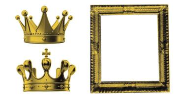 Gold glitter collage photo frame template with a transparent crown set. Retro scrapbook layout featuring a doodle elements. vector