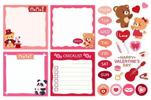 A colorful and adorable memo set template perfect for Valentine's Day, featuring cute teddy bears, a panda, checklist, speech bubbles and romantic decorative icons. vector