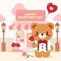Cute Teddy Bear with Rose in Front of Valentine s Day Shop. Adorable Bear Holding a Flower on Romantic Valentine s Scene. vector