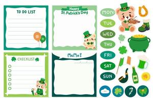 Adorable St. Patrick's Day stationery set featuring cute memo, checklist, and to do list templates with adorable leprechaun themed bear and cat characters and charming Irish holiday icons. vector