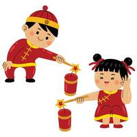 kids celebrating chinese new year with firecracker vector