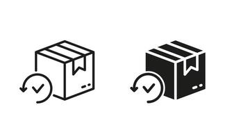 Refund Packaging Sign. Check and Return Parcel Line and Silhouette Icon Set. Editable Stroke. Isolated Illustration vector