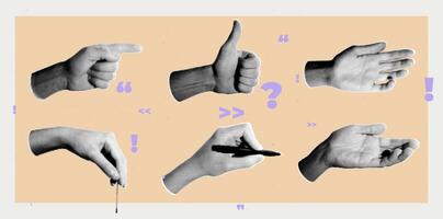 Set of halftone images of hands. Pop art retro style illustration vector